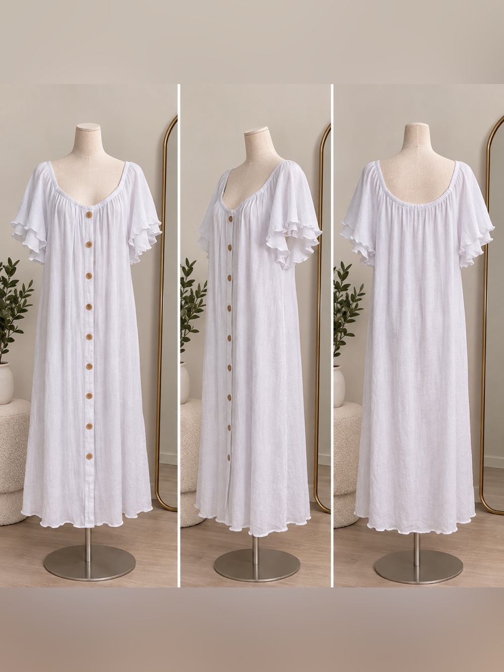 Mlle Gabrielle White Button-Front Ruffle Sleeve Midi Dress